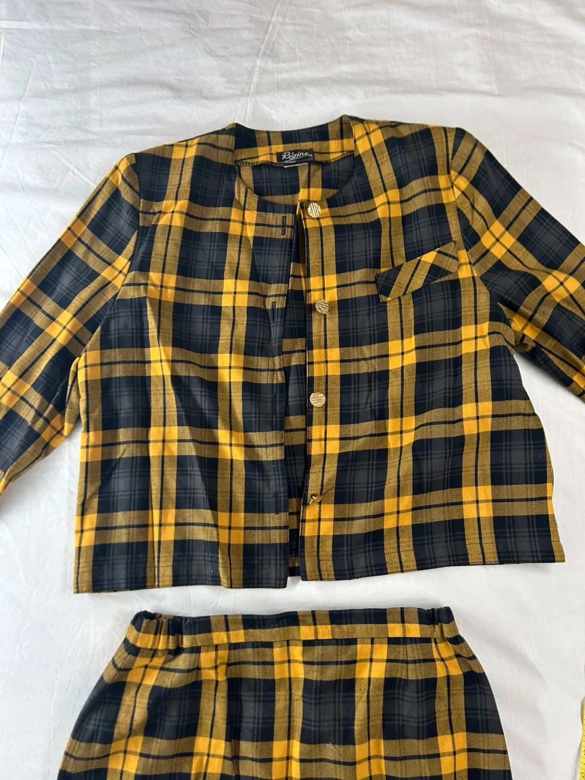 Vintage black and yellow plaid Régine blazer skirt combo set – photo 2